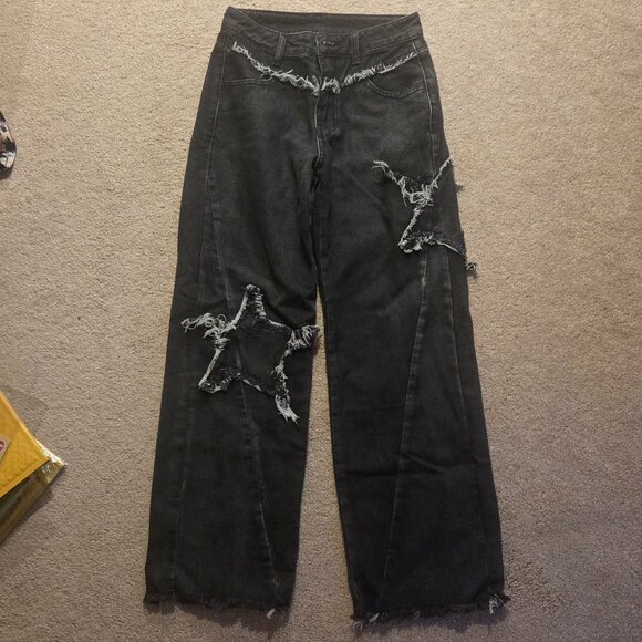 Shein Petite Gray Straight Leg Ripped Jeans with Stars - Picture 1 of 2